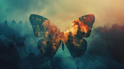Butterfly in silhouette with forest and trees, close up, focus on, rich colors, Double exposure silhouette with natural elements