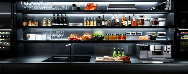 Modern kitchen with neatly organized shelves, fresh produce, and appliances highlighted in sleek and stylish black design.