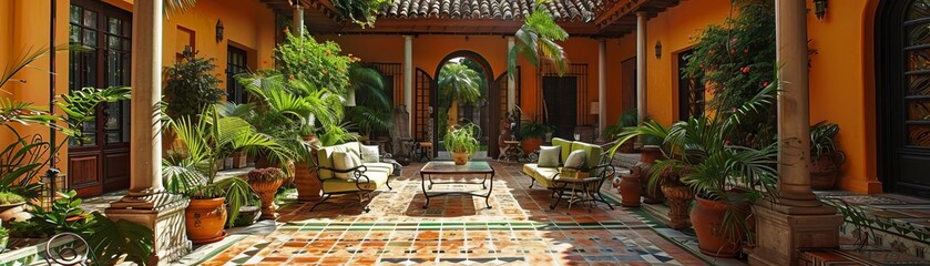 Beautiful courtyard with lush green potted plants, tiled floor, and archway entrance under a clear sky in a warm, sunny locale.