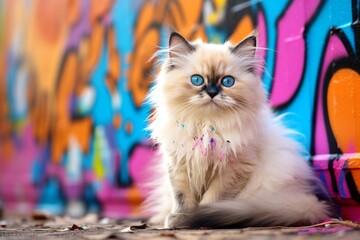 Portrait of a cute himalayan cat over vibrant graffiti wall