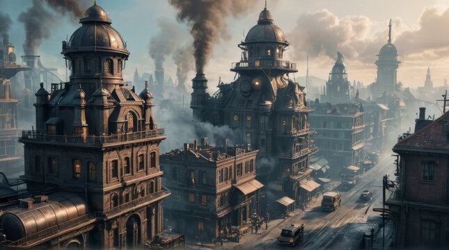 Steampunk Cityscape with Smoke and Clouds