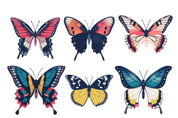 Obraz premium Set of tropical butterflies with colorful wings. Collection of Gorgeous exotic moth or insects, top view. Cute cartoon tropical butterflies isolated