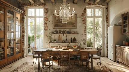 Beautiful rustic dining room with a vintage table, elegant chandelier, and natural light from large windows, creating a warm and inviting atmosphere.