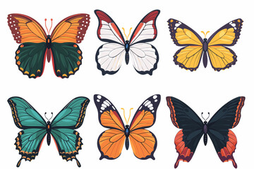 Set of tropical butterflies with colorful wings. Collection of Gorgeous exotic moth or insects, top view. Cute cartoon tropical butterflies isolated