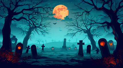 Obraz premium halloween night scene with tombstones and bats