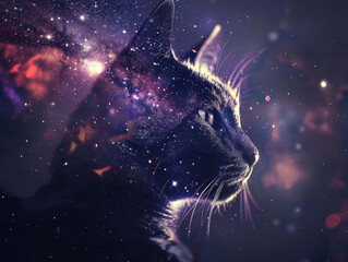 Cat blending with galaxy and stars, close up, focus on, vivid hues, Double exposure silhouette with celestial background