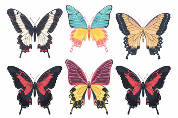 Set of tropical butterflies with colorful wings. Collection of Gorgeous exotic moth or insects, top view. Cute cartoon tropical butterflies isolated