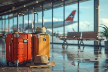 Suitcases in airport. Travel concept.3d rendering