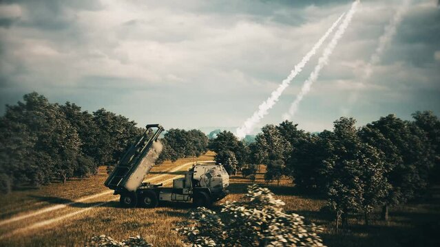 Launch of ballistic missiles. HIMARS rockets are launched from a mobile launcher