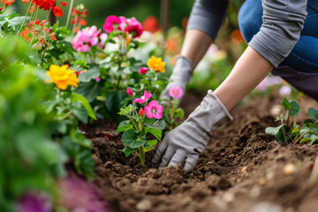 Fototapeta premium Woman planting a flower in the dirt, gardening and hobby concept