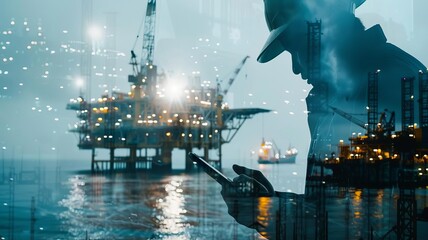 Engineer using tablet blended with offshore oil rigs, close up, focus on, bright tones, Double exposure silhouette with marine energy scene