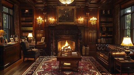 Cozy, elegant library with dark wood paneling, fireplace, leather furniture, and ornate rug. Perfect for reading and relaxation.