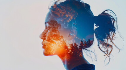 Girl's side profile merging with blue and orange tones, close up, focus on, vivid hues, Double exposure silhouette with contrasting colors