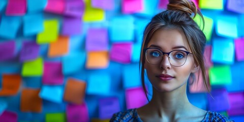 Juggling Conflicting Priorities: Overwhelmed young woman surrounded by sticky notes. Concept Time Management, Multitasking Skills, Stress Management, Organizational Strategies, Prioritizing Tasks