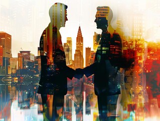 Handshake of businessmen with cityscape overlay, close up, focus on, rich colors, Double exposure silhouette with urban architecture