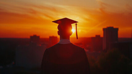 Graduating male student from behind with sunrise backdrop, close up, focus on, rich colors, Double exposure silhouette with dawn horizon