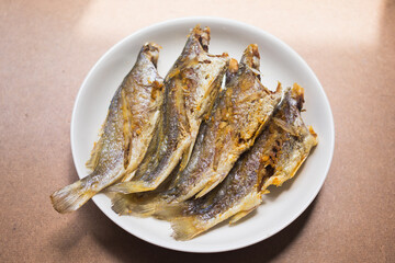 Closeup fried freshwater fish, easy cooking for asian people