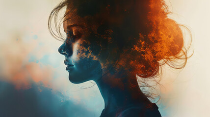 Side profile of girl blended with blue and orange, close up, focus on, rich colors, Double exposure silhouette with dual tones