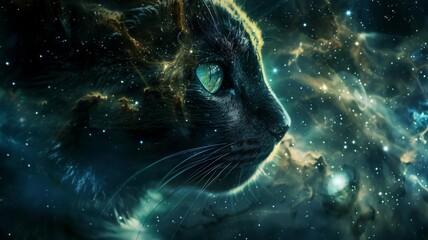 Silhouette of cat merged with galaxy, close up, focus on, bright tones, Double exposure silhouette with outer space