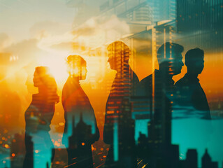Silhouette of business team with cityscape and sunlight, close up, focus on, striking palette, Double exposure silhouette with urban horizon