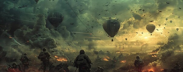 Futuristic battlefield with soldiers, airships, and explosions under a dark ominous sky. Intense atmosphere of war and conflict.