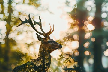 Silhouette of deer and green woodland, close up, focus on, striking palette, Double exposure silhouette with forest scenery