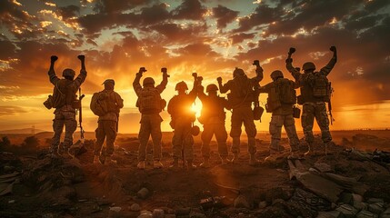 Silhouetted soldiers celebrating a victory at sunset, with vibrant orange and red hues painting the sky.
