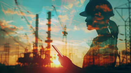 Silhouette of engineer using tablet with offshore oil and gas overlay, close up, focus on, vibrant colors, Double exposure silhouette with energy industry