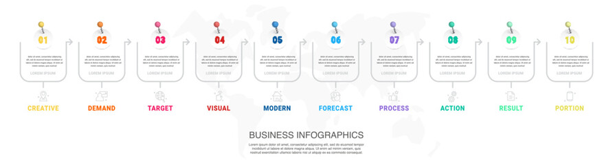 Vector modern infographic flat template pin and circles for diagram, presentation with arrows. Business concept with 10 options and marks. Blank space for content, step for step, timeline, workflow