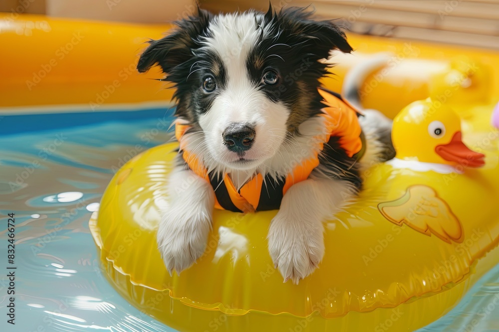 Canvas Prints Border Collie Puppy in Sporty Sunglasses, Floating on a Flamingo Pool Float