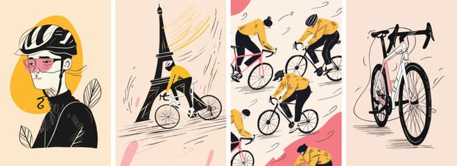 Collection of minimal road bike racing poster cover designs. Abstract cycling sports background