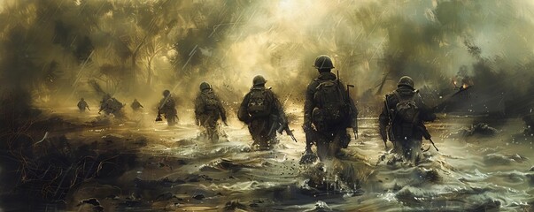 A group of soldiers advancing through a smoky battlefield, wading through water under a gloomy sky.