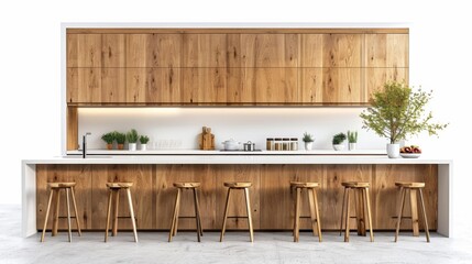 High-detail photo of a sleek kitchen island with bar stools, isolated on a white studio background