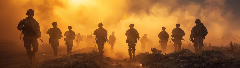 Fototapeta premium Silhouetted soldiers march through a smoky battlefield at sunset, showcasing bravery, teamwork, and the harsh reality of warfare.
