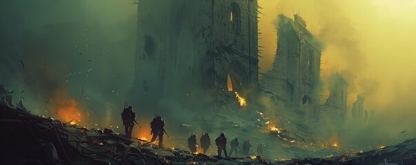 Silhouettes of people walking through a post-apocalyptic landscape with ruins and fire, creating a dramatic and eerie atmosphere.