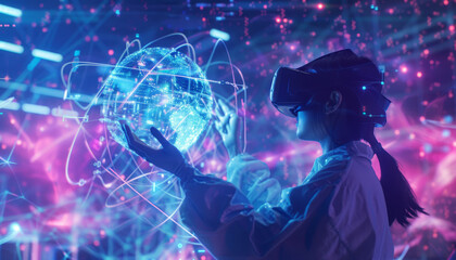 Fototapeta premium A woman wearing a white lab coat is holding a virtual reality device by AI generated image