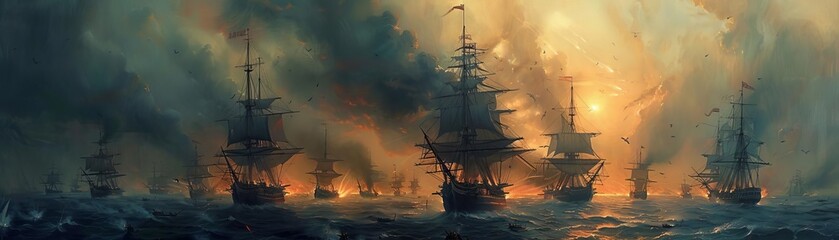 Dramatic maritime battle scene with warships engulfed in smoke and flames on the turbulent sea during sunset.