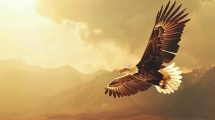 Majestic eagle soaring above golden mountains under a warm, glowing sky. Stunning nature and wildlife photography capturing freedom.
