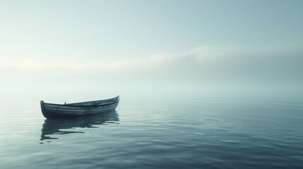 Naklejka premium A calm ocean during early morning, mist hovering over the surface. A lone boat floats gently, peaceful and isolated. 