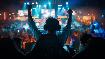Cybersport Tournament Excited Gamer Celebrating Victory in Crowded Esports Arena with Colorful Stage Lighting and Enthusiastic Audience