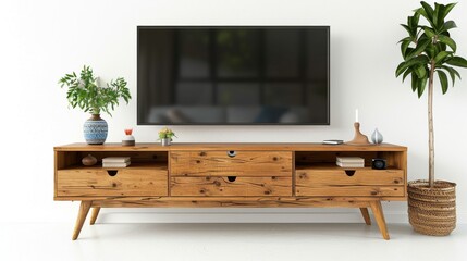 High-detail photo of a stylish TV unit with drawers and shelves, isolated on a white studio background