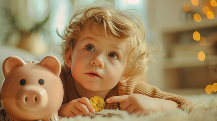 Curious Toddler Holding Dollar. Child Putting Coin Piggy Bank Early Financial Education, Importance of Childhood Savings Concept. Bokeh Lights, Cozy Home Interior, Warm Toned Scene, Holiday Ambiance