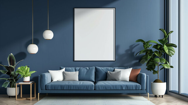 blue living room with a blank poster frame, offering a perfect canvas for showcasing custom artwork or inspirational quotes