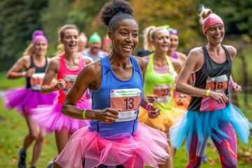 a diverse group of people participating in a charity fun run, wearing vibrant tutus and running bibs