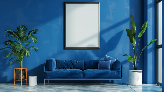 blue living room with a blank poster frame, offering a perfect canvas for showcasing custom artwork or inspirational quotes