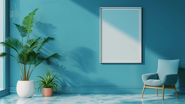 blue living room with a blank poster frame, offering a perfect canvas for showcasing custom artwork or inspirational quotes