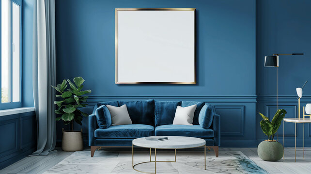 blue living room with a blank poster frame, offering a perfect canvas for showcasing custom artwork or inspirational quotes