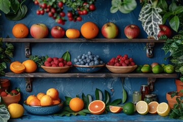 Rustic fruit display with wooden shelves and vibrant colors for a cozy and inviting market feel