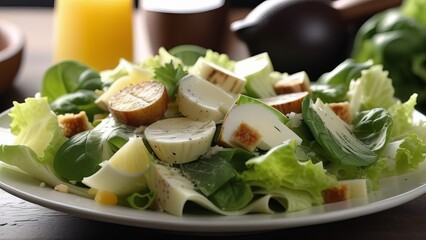 A fresh green salad featuring lettuce, cucumber, and slices of hard-boiled egg, served in a white bowl. The vibrant colors and variety of textures make it an appetizing and healthy choice