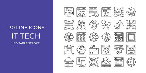 IT Tech icon set illustration vector editable stroke. server, maintenance, programmer, and more